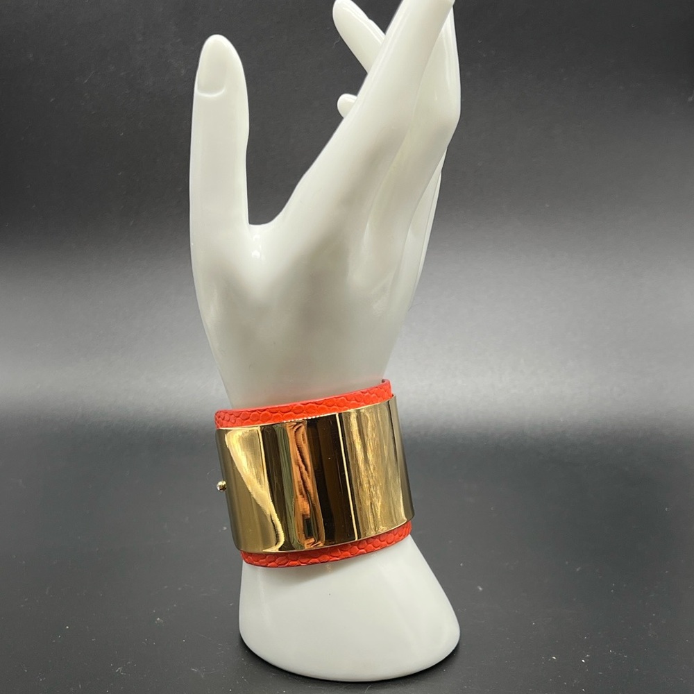 Trina Turk Gold, Orange Leather and Rhinestone Cuff Bracelet